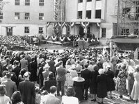 People gather in front of then-new St. Clare's Hospital for a cornerstone ceremony on Sunday, June 13, 1948. Photo courtesy Efner History Center.